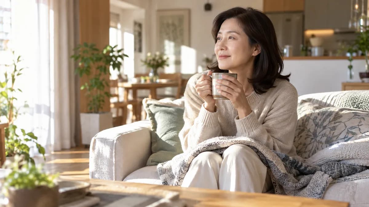 이른 아침 창가에서 차를 마시며 숨을 고르는 50대 한국 여성